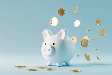 Wall Mural - White piggy bank with falling gold coins. Concept of savings, investment, finance, and financial growth.