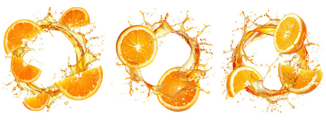 Set of sliced orange with juice splashing in circle shape, isolate on transparent background