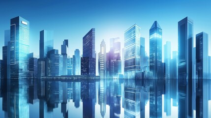 Modern skyscrapers of a smart city, futuristic financial district, graphic perspective of buildings and reflections - Architectural blue background for corporate and business brochure template