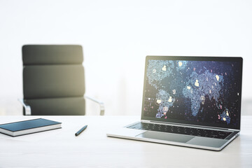Wall Mural - modern computer monitor with social network icons concept with world map. marketing and promotion co
