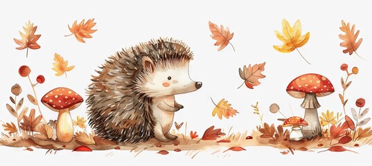 Wall Mural - Watercolor illustration of hedgehog in autumn leaves with mushroom