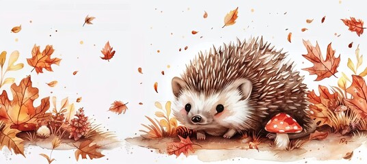 Wall Mural - Watercolor illustration of hedgehog in autumn leaves with mushroom