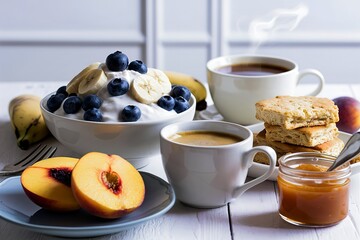 A delightful and appetizing image of a healthy breakfast spread on a white background