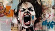 © best stock - Graffiti, collage of grunge newspapers and painting, illustration of an iconic woman, screaming with a fighting spirit, feminist revolution for equality