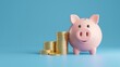 © best stock - Green pig piggy banks with a smile on a stack of gold coins, isolated on green background - Green investment success, eco savings concept