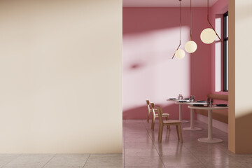 Poster - Colored cafe interior with chairs and eating tables in row, window. Mockup wall