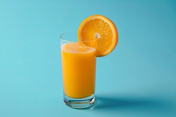Aufkleber - A glass of fresh orange juice with an orange slice on the rim, against a light blue background. Generative AI