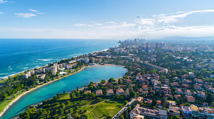 Aerial view of a coastal city with a mix of residential buildings, green spaces, and a vast blue sea under a clear sky.