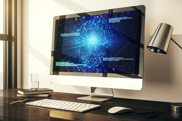 Sticker - Modern computer monitor with creative code skull hologram. Malware and cyber crime concept. 3D Rendering