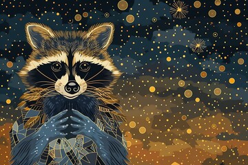 A cunning raccoon icon with a mask pattern that blends into a starry night