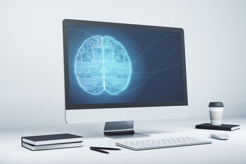 Wall Mural - Modern computer display with creative human brain microcircuit. Future technology and AI concept. 3D Rendering