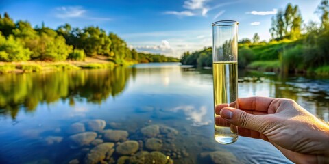 Poster - Test tube filled with river water for environmental chemical analysis, ecology, environment, protection, river