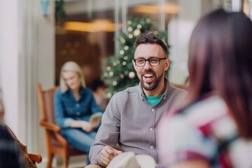 Mid adult man talking to his friends at hotel lobby