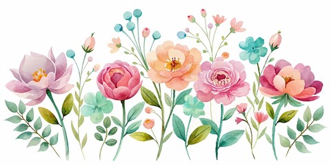 Wall Mural - Delicate watercolor blooms dance across crisp white background, evoking the freshness of spring., flowers, gentle, delicate, white background