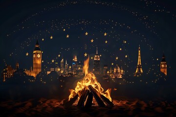 Wall Mural - A digital campfire with embers forming constellations of famous landmarks