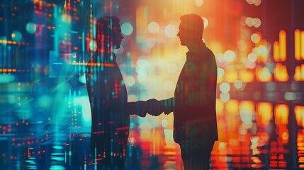 
Two professionals shaking hands with a double exposure of financial graphs, on a digital background, concept of business success