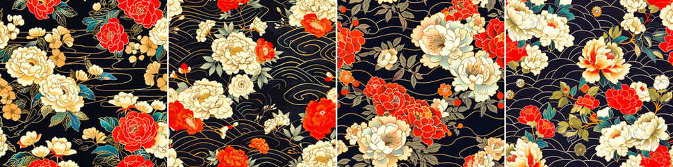 Wall Mural - Four different floral patterns are shown in black and red