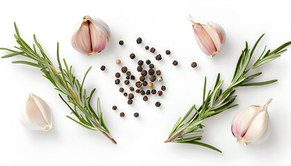 garlic with rosemary and peppercorn isolated on white background. Top view. Flat lay