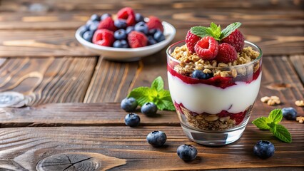 Poster - Raspberry and blueberry yogurt parfait with granola topping on wooden table , food photography, breakfast, DIY