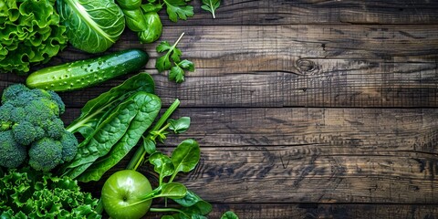 Wall Mural - Green Vegetables background. Green vegetables on wood background, Top view, copy space. Generative ai
