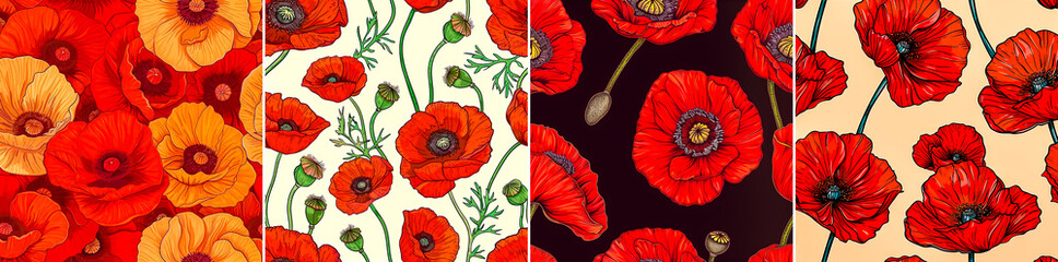 Wall Mural - Four different images of red flowers with a white background