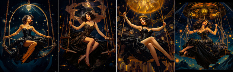 Wall Mural - 4 photo collages. Glamorous pin-up style Classic vaudeville with a woman on a tightrope. Cinematic black and white visuals that capture the essence of the era.