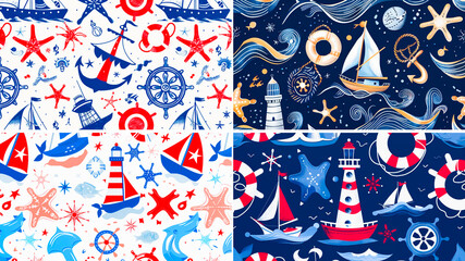 Wall Mural - 4 photo collages. Detailed vector illustrations on a marine theme. Ideal for print design, clothing and home decor. Includes elements such as anchors, ships, compasses and more.