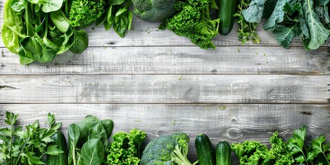 Green Vegetables background. Green vegetables on wood background, Top view, copy space. Generative ai