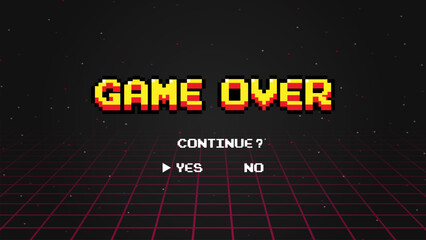 Game over continue.pixel art .8 bit game.retro game. for game assets in vector illustrations.Retro Futurism Sci-Fi Background.	