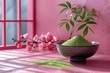 © Анна Мартьянова - green match powder with flower on pink background. health lifestyle and nutrition concept.