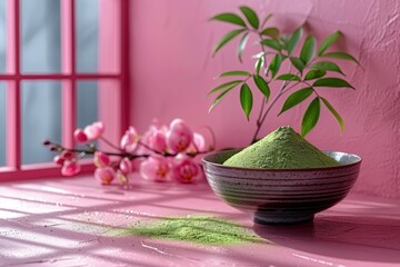 green match powder with flower on pink background. health lifestyle and nutrition concept.