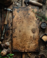 Basic tools for handmade, furniture making, wood projects on wooden background. woodworking, handmade, craft concept. copy space