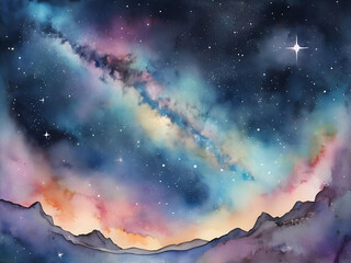 Wall Mural - Abstract background of the night sky with stars, drawing with traditional materials in watercolor and pastel. Watercolor of space and milky way