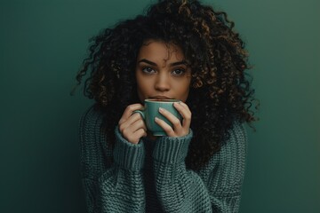 A woman with medium-length curly hair, wearing a cozy sweater and sipping hot chocolate, sitting against a solid dark green background, reflecting warmth and comfort.