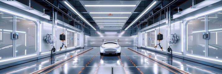Poster - A sleek and modern automotive painting shop with robotic systems in operation, showcasing the advanced technology used in the industry. Generative AI