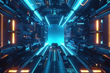 Wall Mural - Futuristic glowing tunnel with blue and orange lights, Abstract digital technology background. Concept of cyberspace, metaverse, and science fiction.