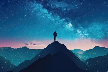 Man standing on the mountain at night with starry sky
