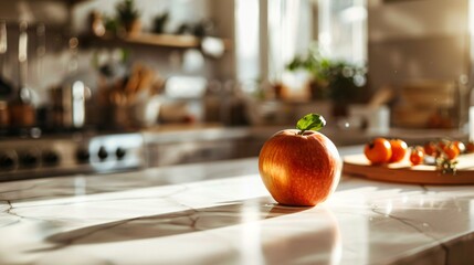 Wall Mural - A single red apple on a white marble countertop, with a soft shadow and a blurred kitchen background, highlighting the apple's vibrant color and texture