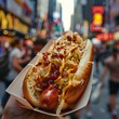 © jitthanant - New York street hot dog with sauerkraut, spicy brown mustard, and relish, captured in a bustling urban setting with blurred pedestrians