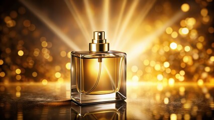 Canvas Print - Golden glowing light shining on a bottle of luxurious perfume, golden, glowing, light, bottle, luxurious, perfume, fragrance