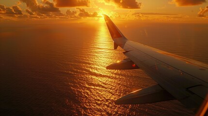 Wall Mural - Sun setting over ocean, casting golden reflections, with airplane wing in view