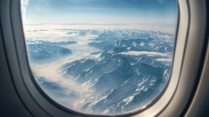 View from airplane window showing dramatic mountain ranges during a flight