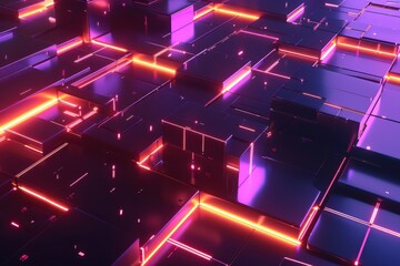 Wall Mural - Abstract background of glowing neon cubes in purple and orange hues, perfect for technology, gaming, or music themes.