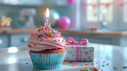 a birthday cupcake with a lit candle, decorated with pink icing and rainbow sprinkles