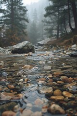 Wall Mural - A clear mountain stream with pebbles, with a soft background of tall pines and rugged terrain.