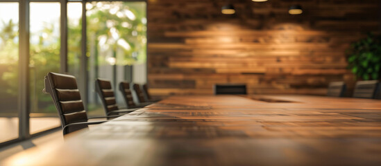 Wall Mural - modern conference table in office room with wood paneled walls