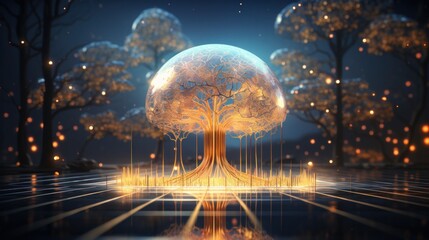 Futuristic Digital Brain Concept with Neural Network Tree and Glowing Connections in a Virtual Environment