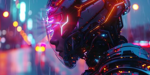 Wall Mural - a close-up of a female cyborg's face. ai.