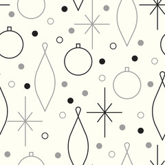 Wall Mural - Christmas seamless vector pattern. Minimalistic Scandinavian illustration with snowflakes and Christmas tree decoration ball. Line art, north huggee aesthetic