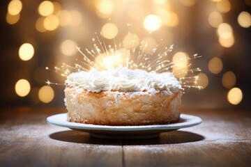 Wall Mural - Angel food cake surrounded by a halo of bokeh illumination.